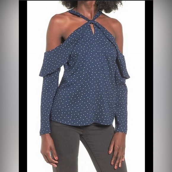 NWT WAYF SZ M Polka Dot Navy Blue Off Shoulder Blouse - Picture 1 of 10